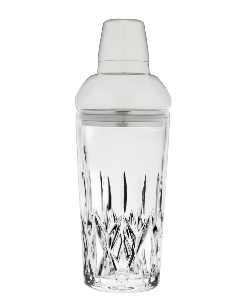 Clear cocktail shaker with white lid on a white background