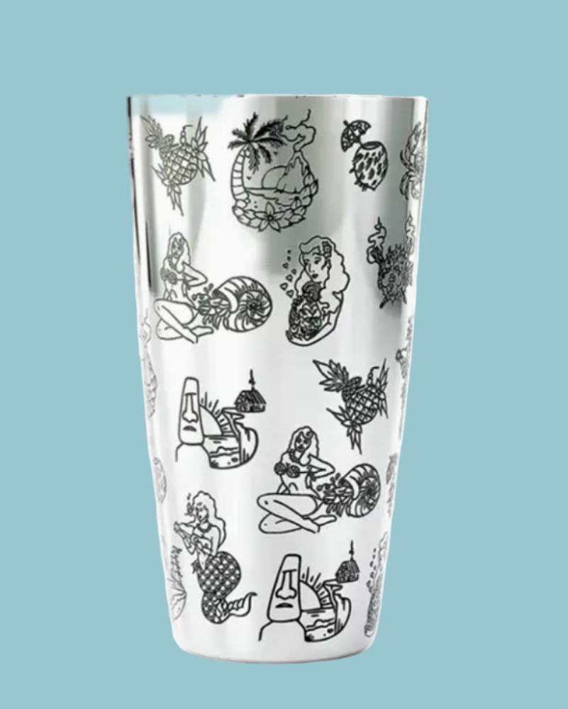 Tumbler with black illustrations on a light blue background