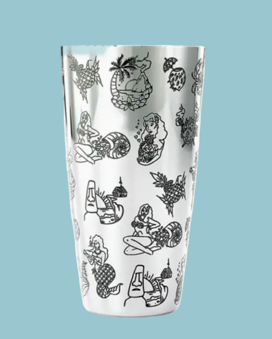Tumbler with black illustrations on a light blue background