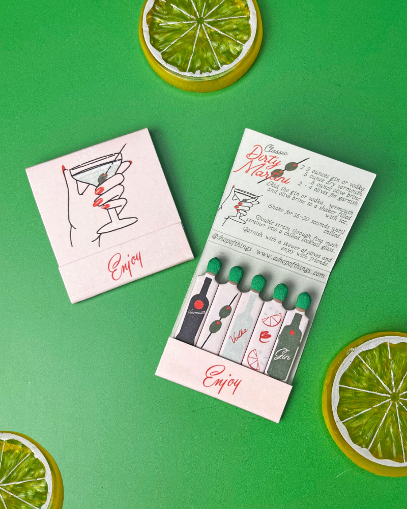 martini themed matches on green background