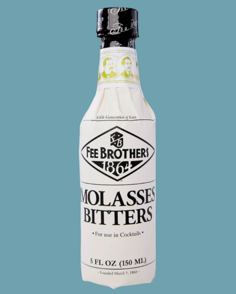 Bottle of Fee Brothers Molasses Bitters on a blue background