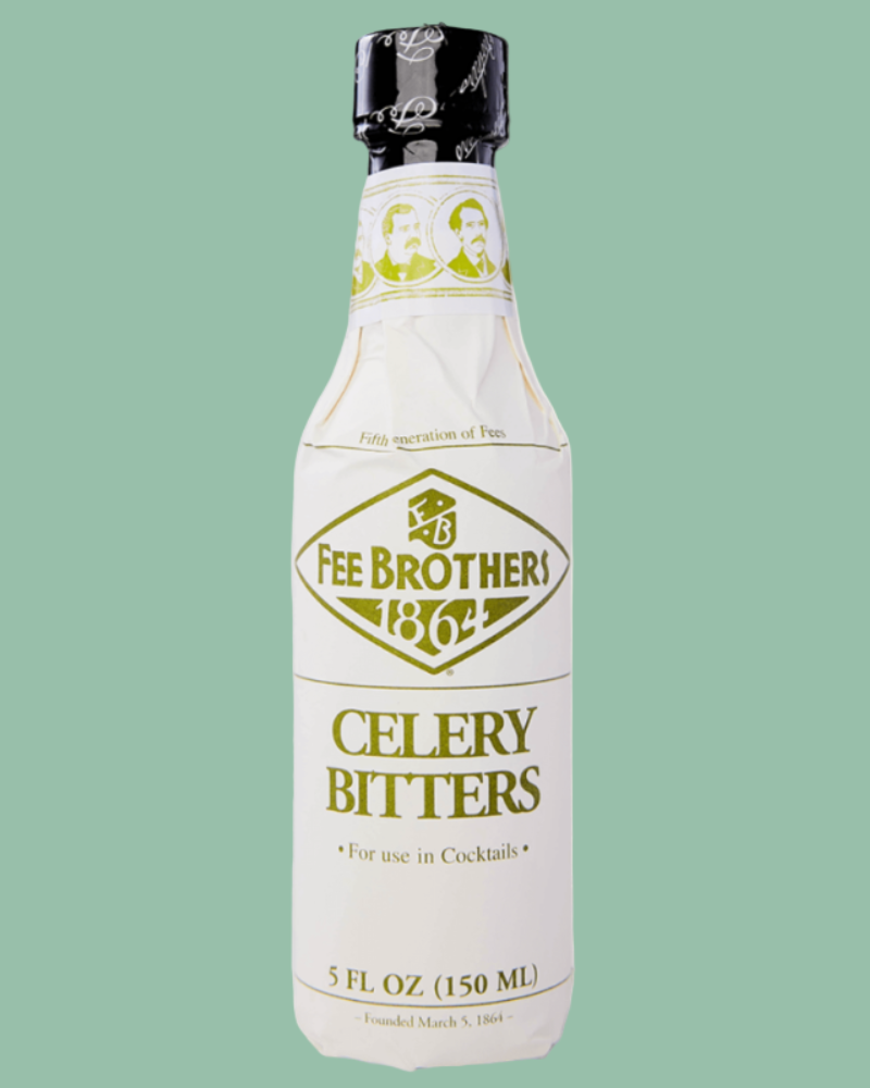 Bottle of Fee Brothers Celery Bitters on a green background