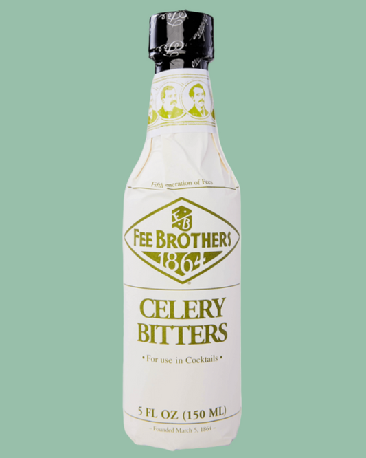 Bottle of Fee Brothers Celery Bitters on a green background