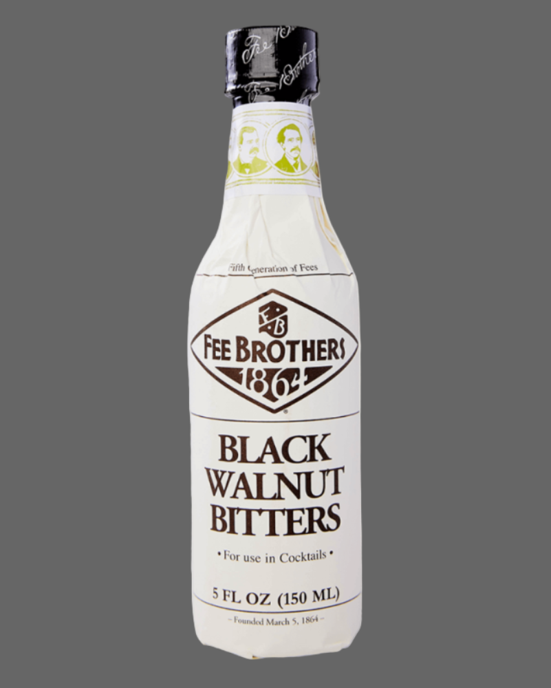 Bottle of Fee Brothers Black Walnut Bitters on a gray background