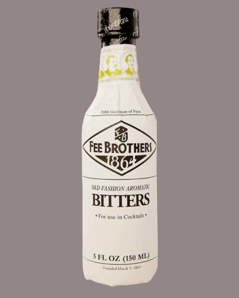 Bottle of Fee Brothers Bitters on a gray background