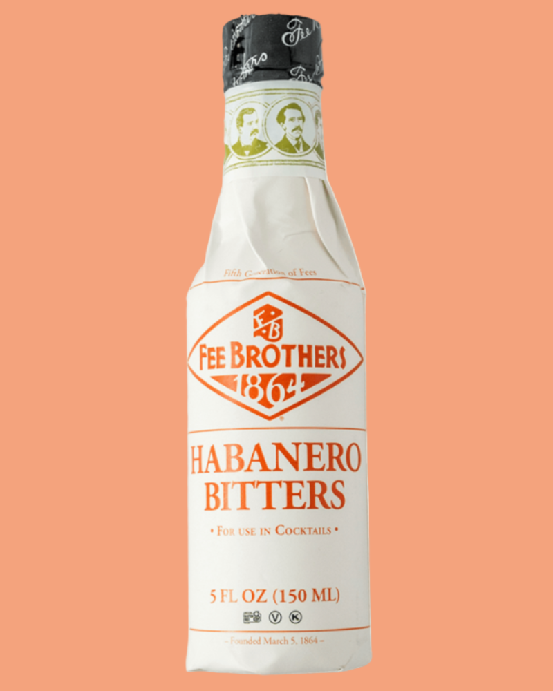 Bottle of Fee Brothers Habanero Bitters on a peach background