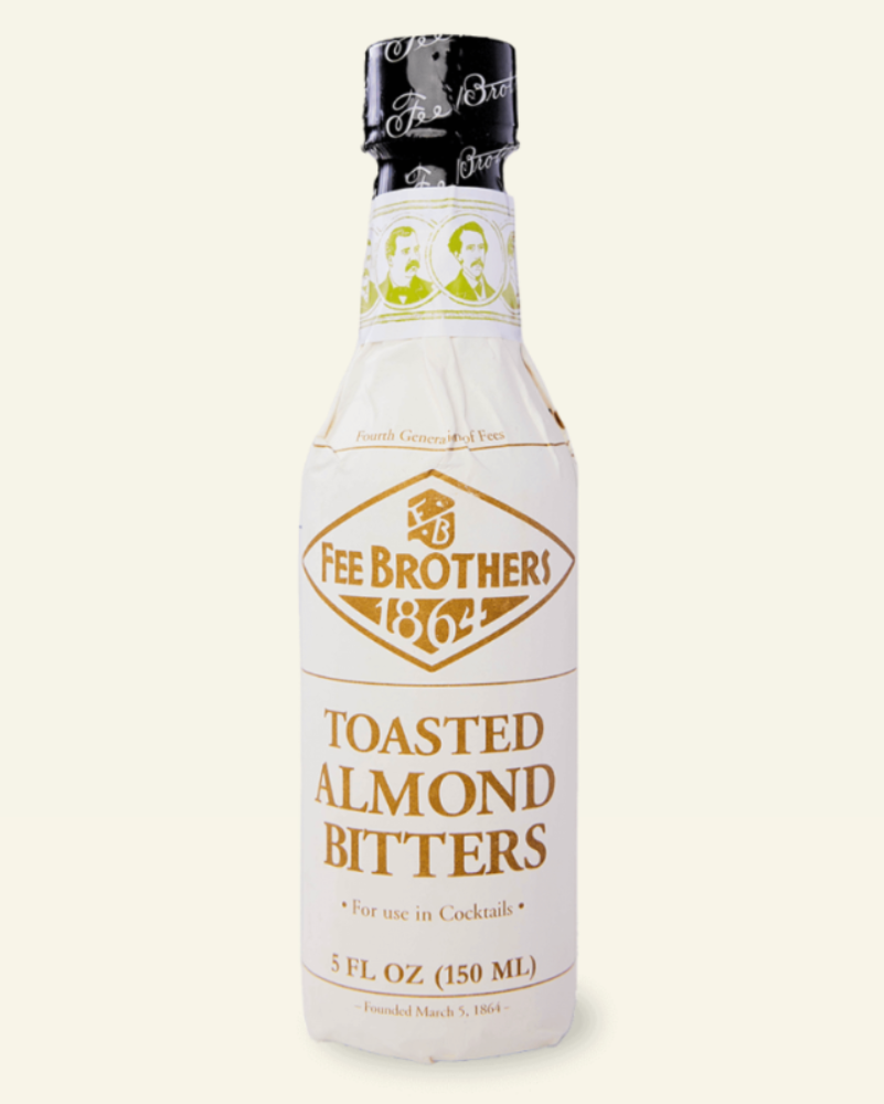 Bottle of Fee Brothers Toasted Almond Bitters on a white background