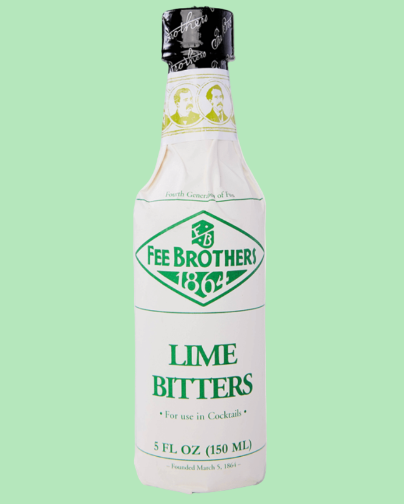 Bottle of Fee Brothers Lime Bitters on a light green background
