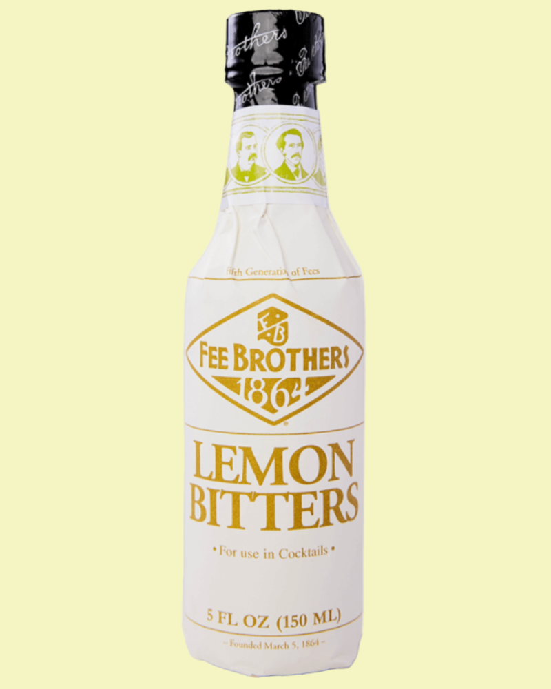 Bottle of Fee Brothers Lemon Bitters on a light yellow background