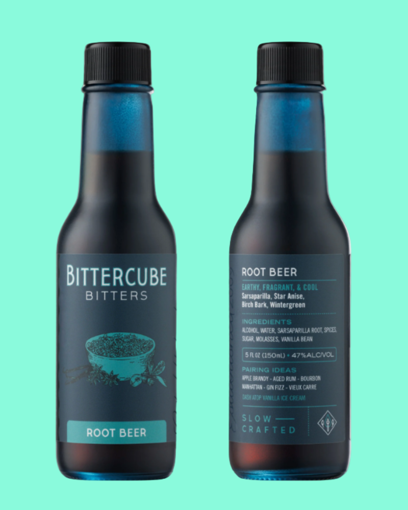 Two bottles of Bittercube Bitters on a teal background