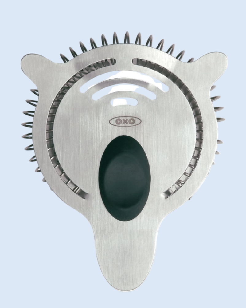 Metallic kitchen tool with OXO branding on a light blue background