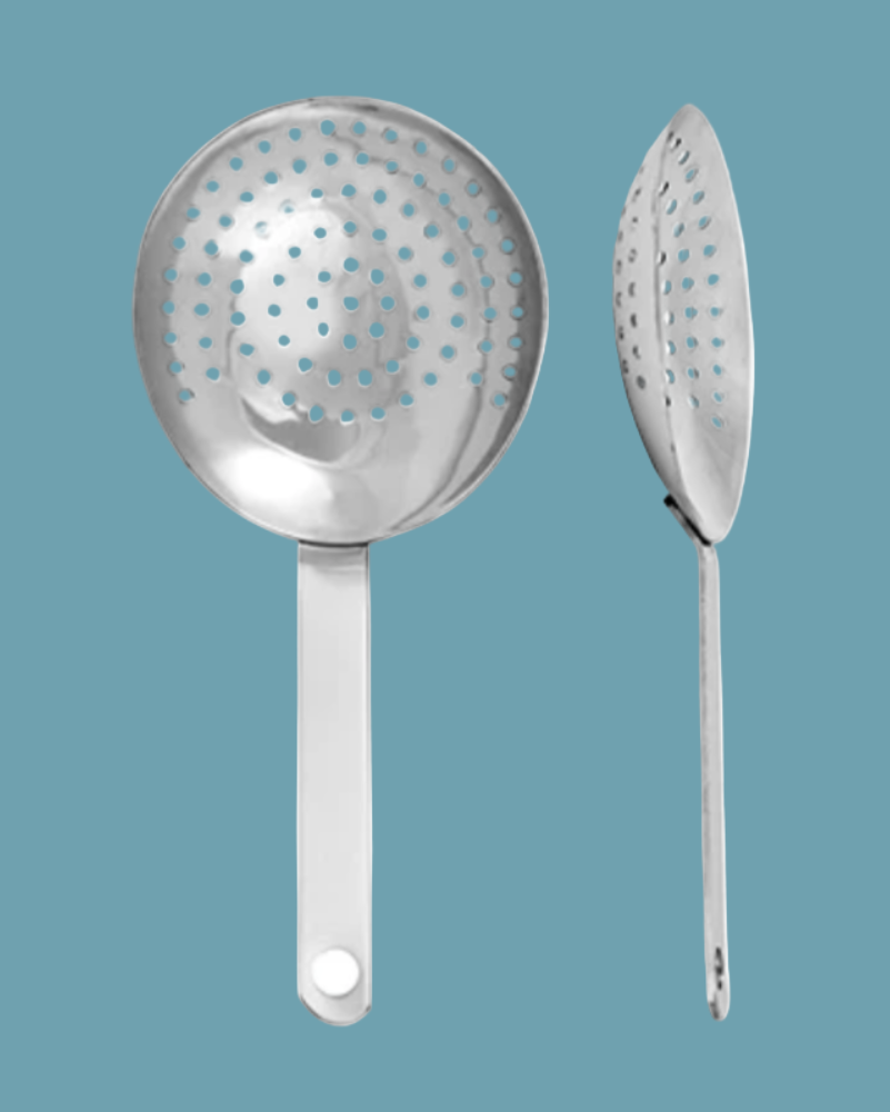 Two metal skimmers with handles on a blue background