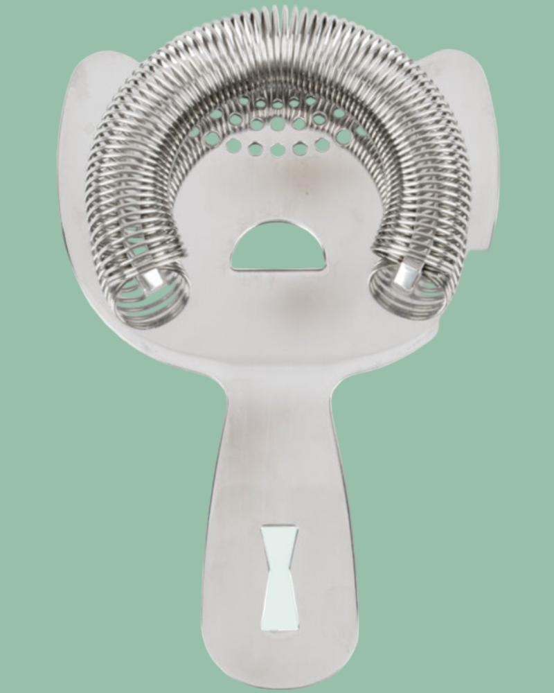 Metallic cocktail shaker strainer on a solid background