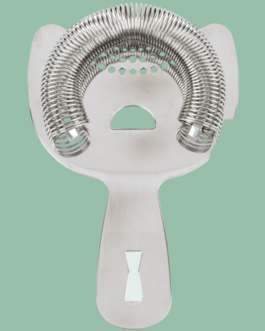 Metallic cocktail shaker strainer on a solid background