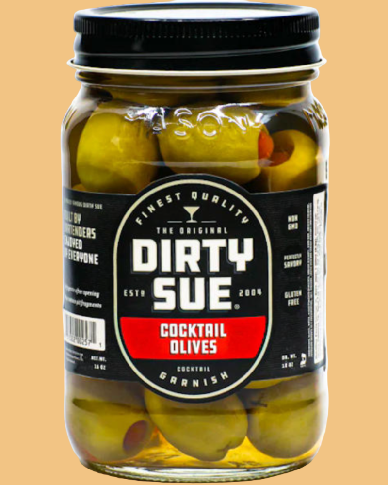 Jar of Dirty Sue cocktail olives on a beige background