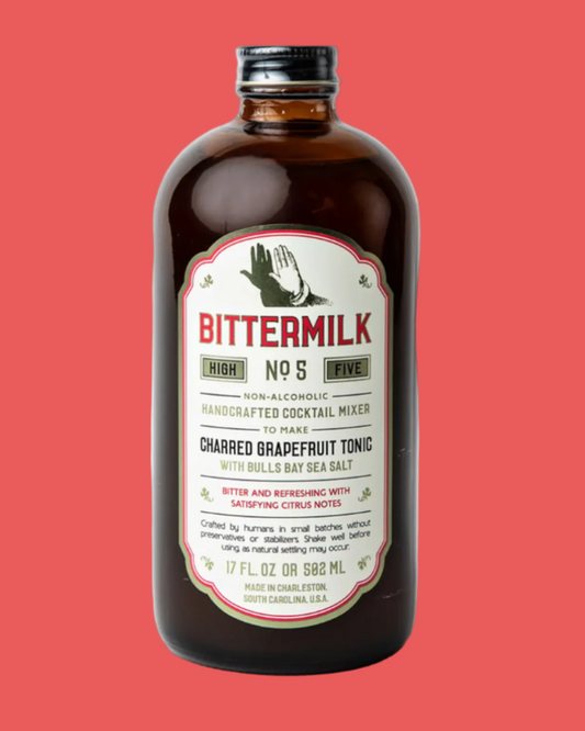Bittermilk High No. 5 bottle on a red background