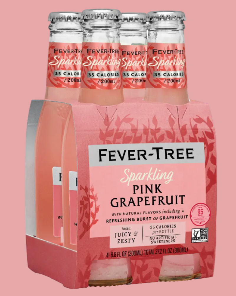 Packaging of Fever-Tree Sparkling Pink Grapefruit drinks on a pink background