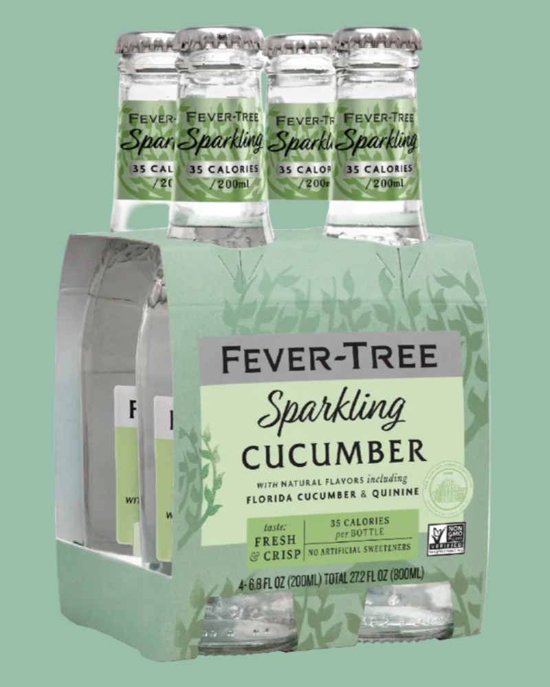 Pack of Fever-Tree Sparkling Cucumber drinks on a green background