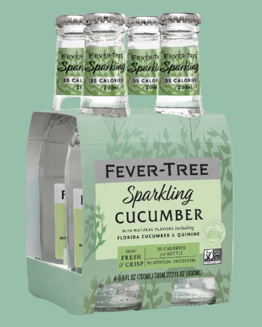 Pack of Fever-Tree Sparkling Cucumber drinks on a green background