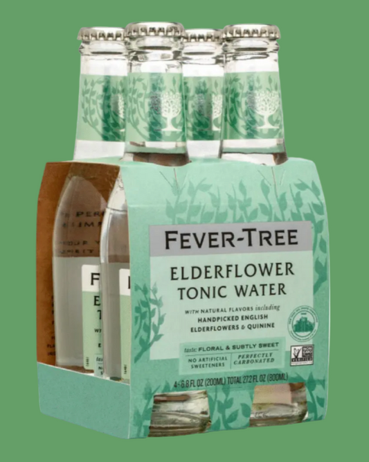 Pack of Fever-Tree Elderflower Tonic Water on a green background