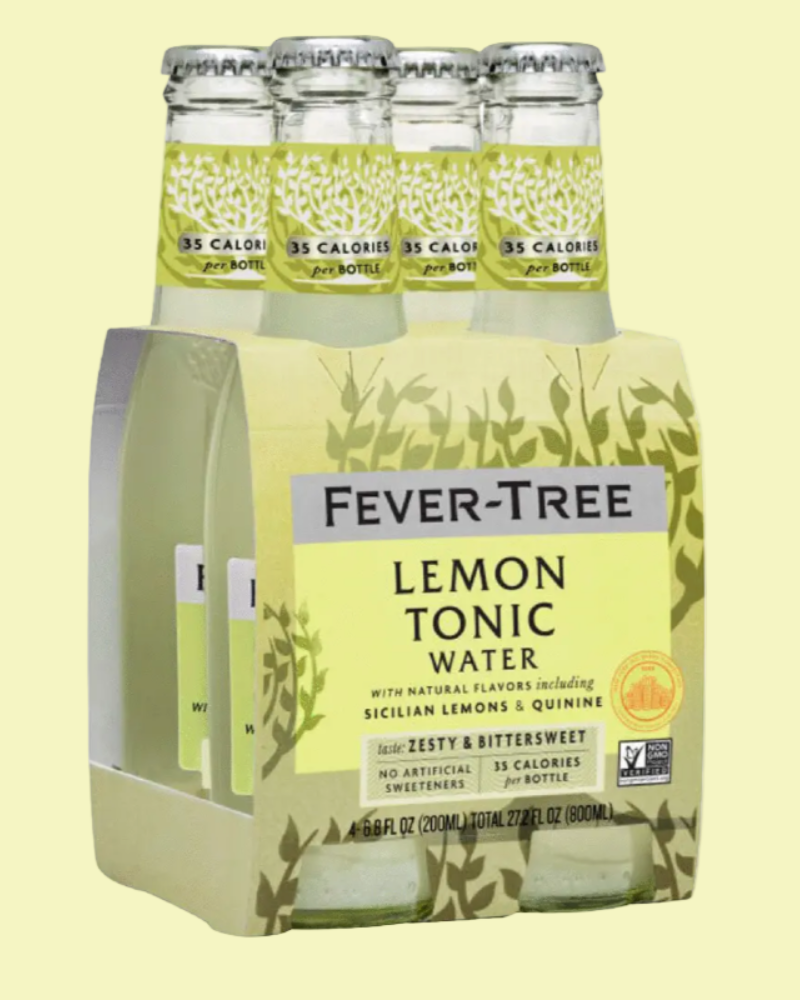 Pack of Fever-Tree Lemon Tonic Water bottles on a light yellow background