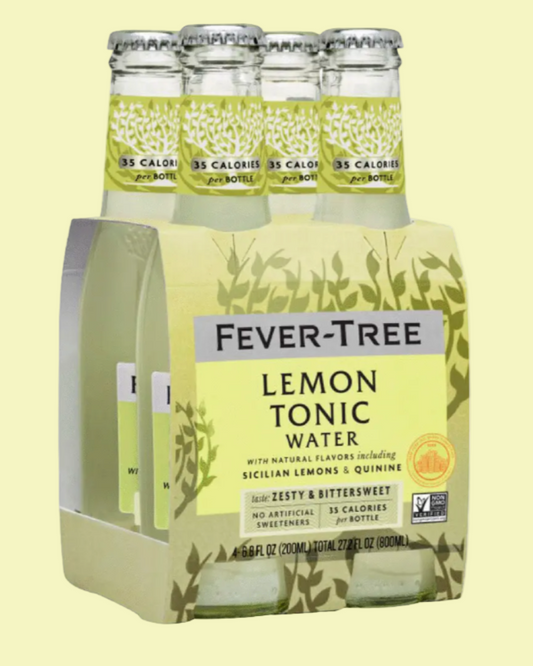 Pack of Fever-Tree Lemon Tonic Water bottles on a light yellow background