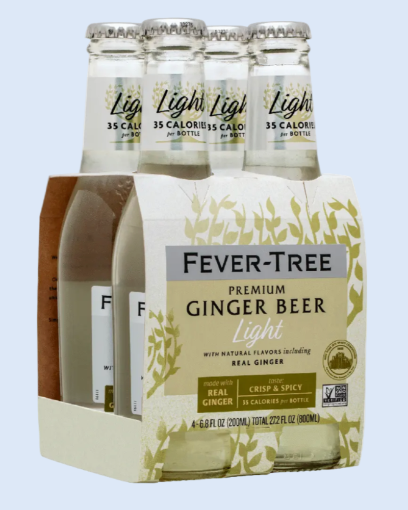Pack of Fever-Tree Premium Ginger Beer Light bottles on a white background