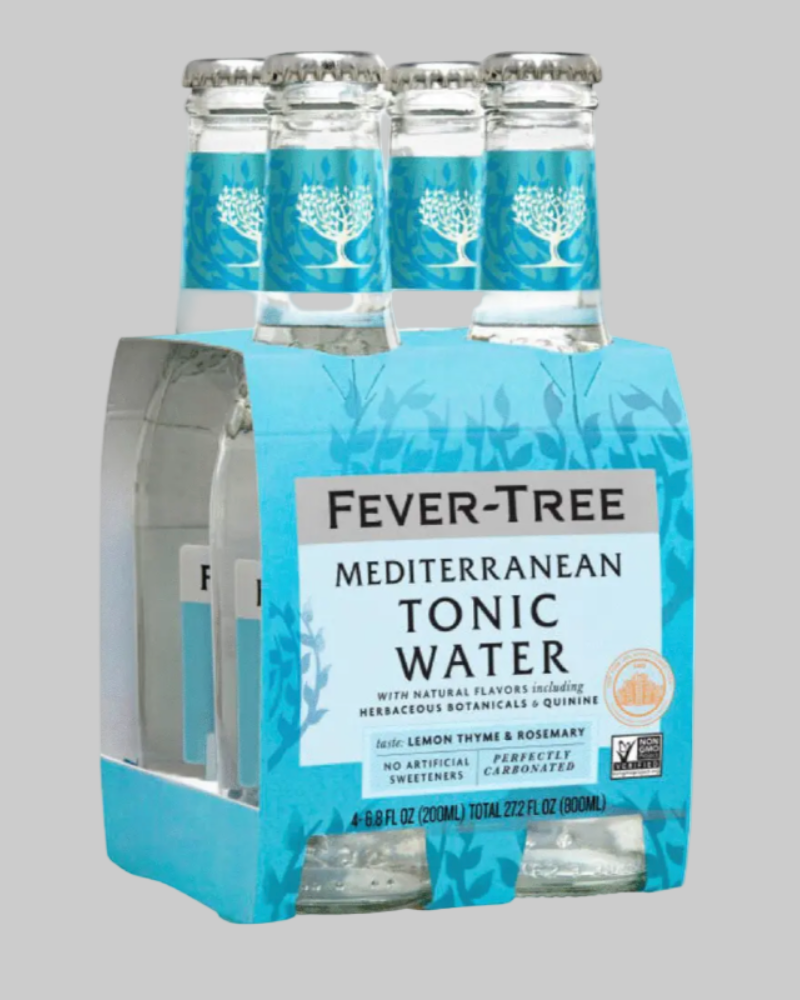 Pack of Fever-Tree Mediterranean Tonic Water bottles on a gray background