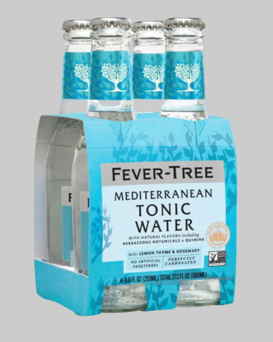 Pack of Fever-Tree Mediterranean Tonic Water bottles on a gray background