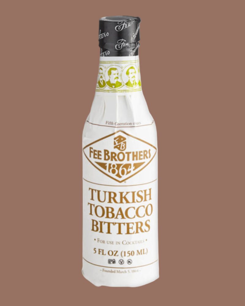 Bottle of Fee Brothers Turkish Tobacco Bitters on a brown background