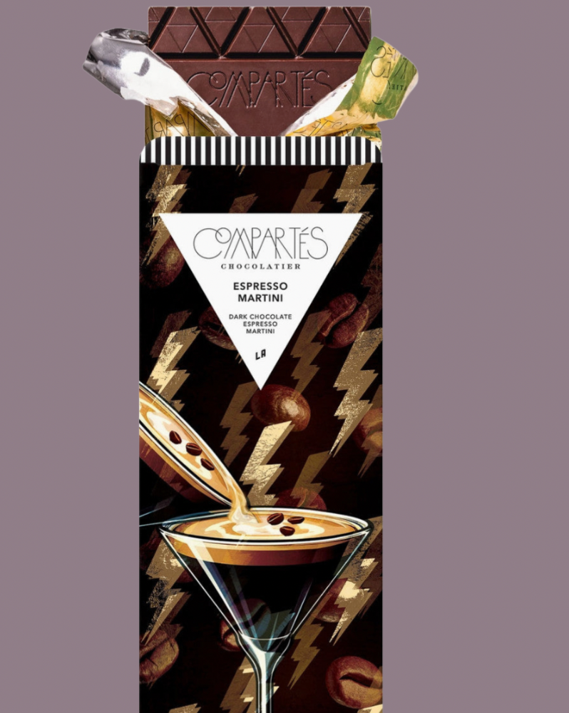 Chocolate bar packaging with a martini glass and chocolate elements, featuring the brand 'Compares'.