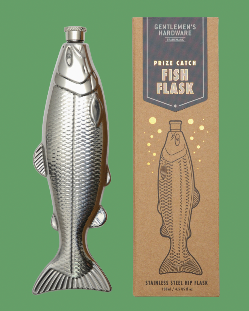 Fish-shaped flask with packaging on a white background