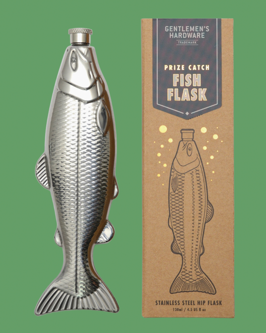 Fish-shaped flask with packaging on a white background