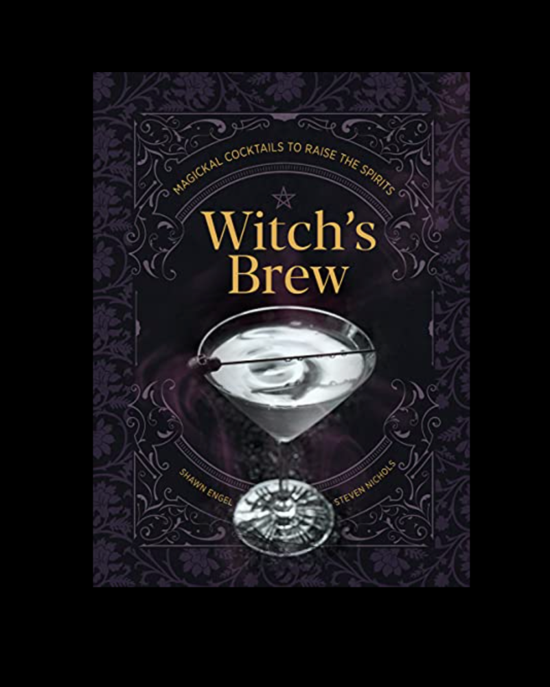 Book cover of 'Witch's Brew' with a cocktail illustration on a dark background