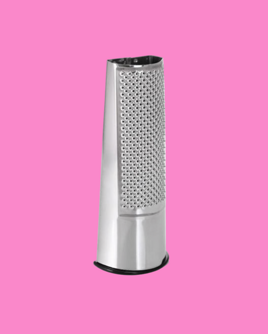 Metallic tower with perforated design on a pink background