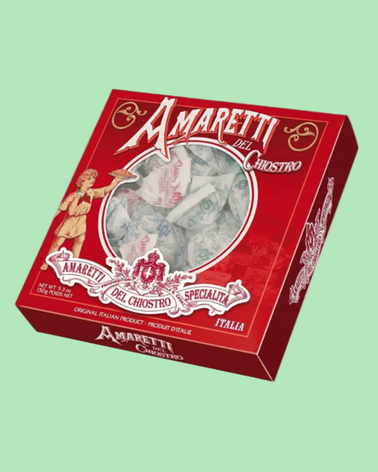 Red box of Amaretti del Chiostrino cookies on a white background