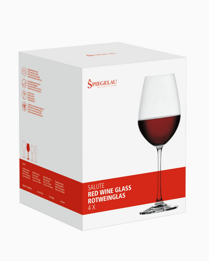 Spiegelau red wine glass packaging with a glass of red wine on a white background