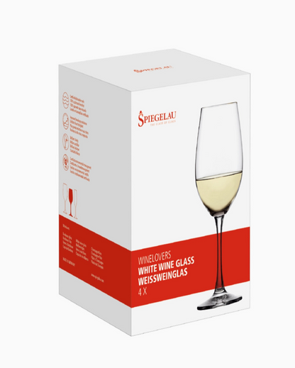 Spiegelau white wine glass packaging with a glass of white wine on a white background