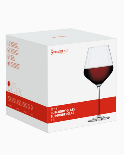 Spiegelau wine glass packaging with a red wine glass illustration on a white background