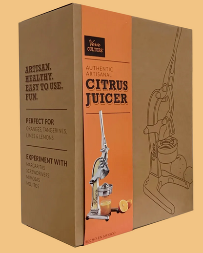 Box packaging of a citrus juicer with text and illustrations on an orange background