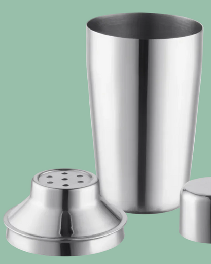 Set of three stainless steel kitchen items including a shaker, a lid, and a container on a white background.