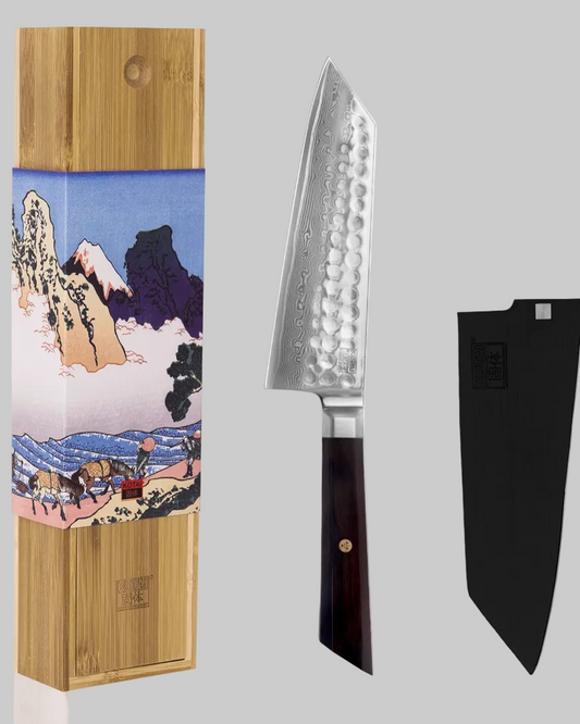 Chef's knife with wooden sheath and artwork on a gray background