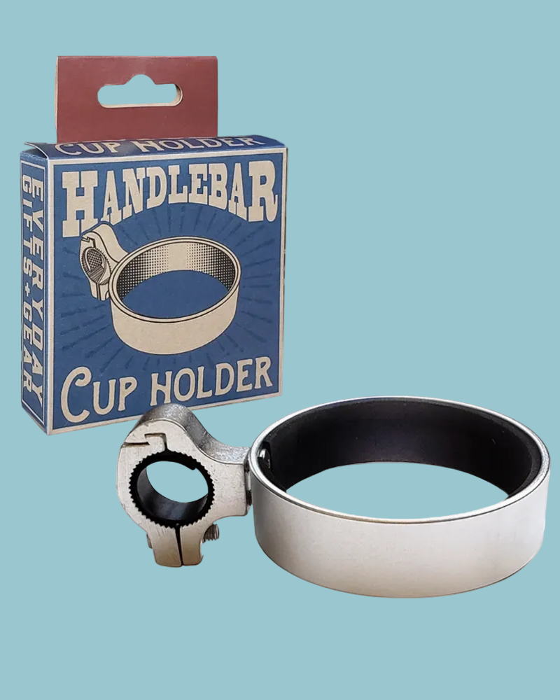Handlebar cup holder with packaging on a blue background