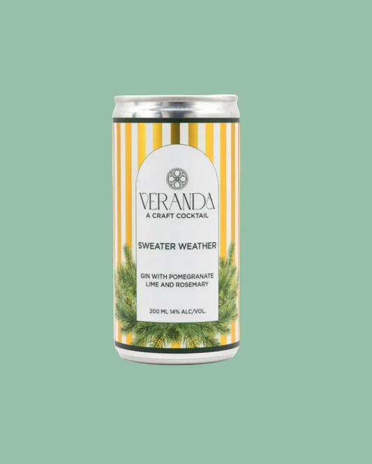 Canned cocktail labeled 'Veranda' with greenery design on a white background