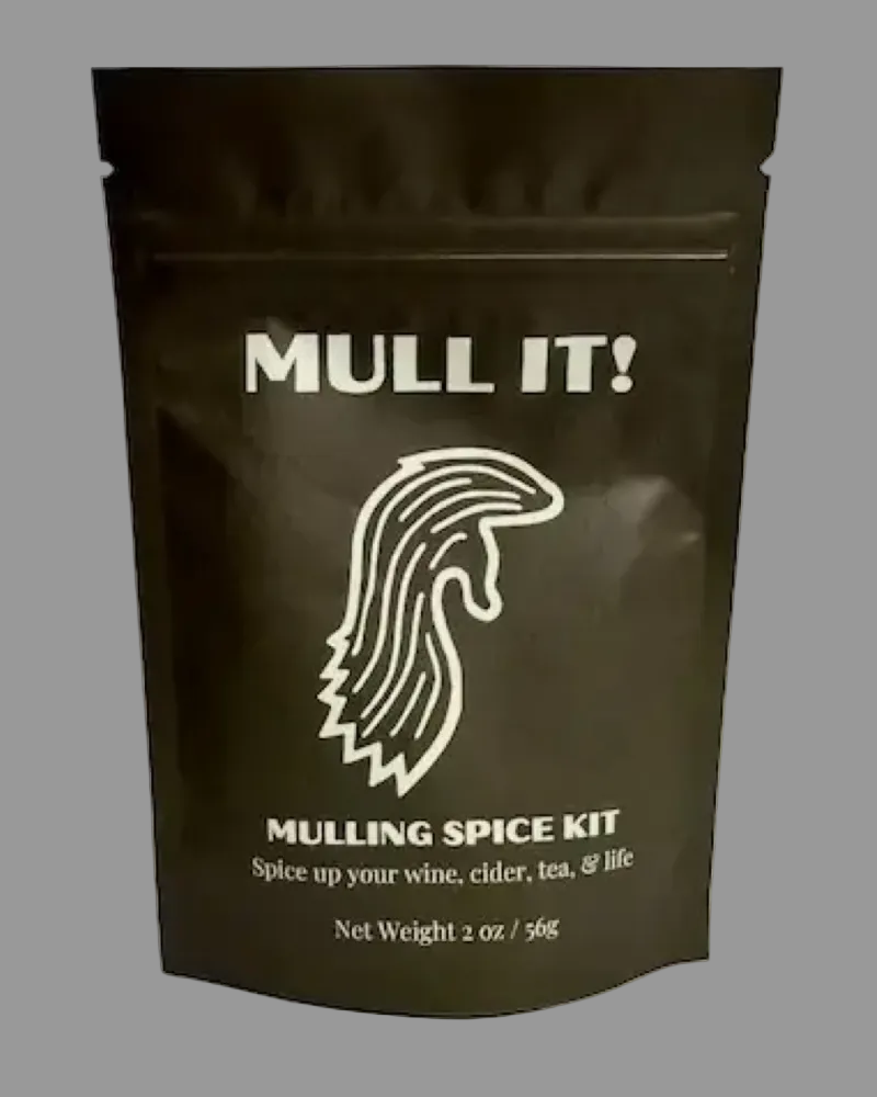 Mulling spice kit packaging with 'Mull It!' branding on a gray background