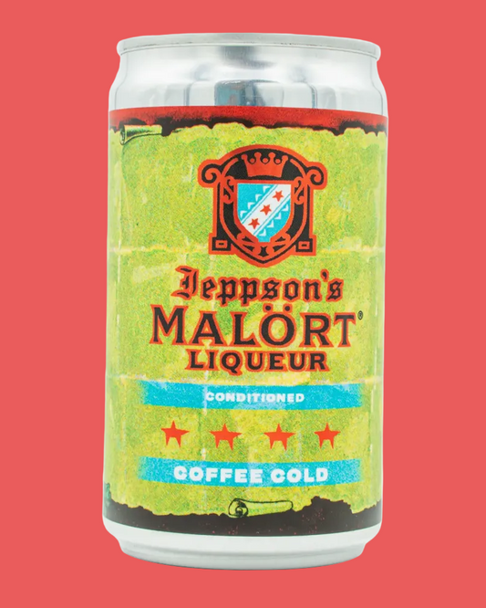 Can of Deppson's Malort Liqueur on a red background