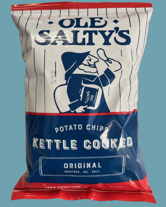 Ole Salty's kettle cooked potato chips packaging on a blue background