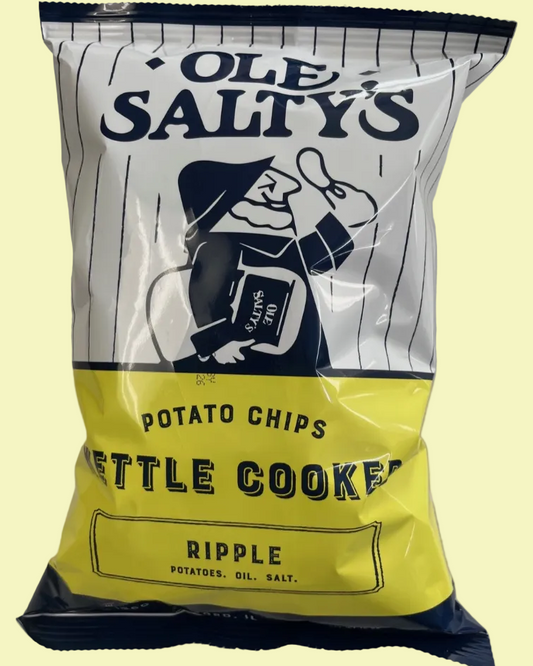 Bag of Ole Salty's Potato Chips with a yellow and black design on a light yellow background