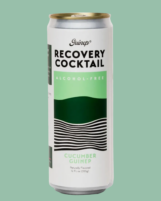 Alcohol-free recovery cocktail can with green and white design on a light green background