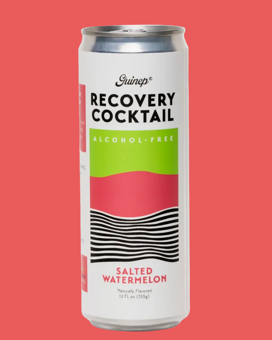 Alcohol-free 'Recovery Cocktail' can with a pink and green design on a red background